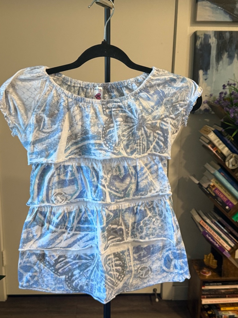 Knitworks White & Light Blue Printed Tiered Top